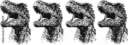 roaring dinosaur head illustration with open jaws in vintage sketch