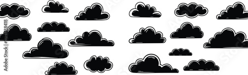 Black Hand Drawn Doodle Clouds Set Isolated On White Background vector illustration