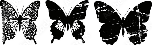 Black butterfly silhouettes in various worn and distressed styles insect shapes with textured details