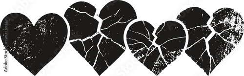 set of four distressed hearts with cracked and worn textures in black and white