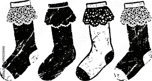 Vintage lace trimmed socks pattern, antique ornamental hosiery design in black and white