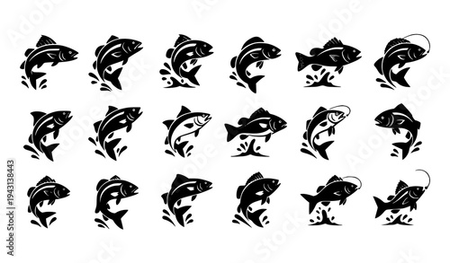 Fish jumping silhouette vector icon collection aquatic wildlife set isolated on white