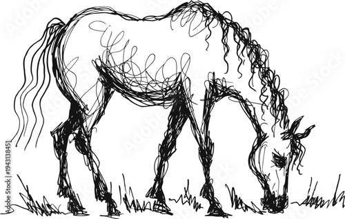 hand drawn sketch of a horse grazing on grass in natural setting simple black ink line art with curly mane and tail