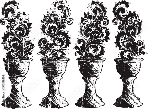 Vintage ornamental urn with swirling floral design in monochrome sketch set