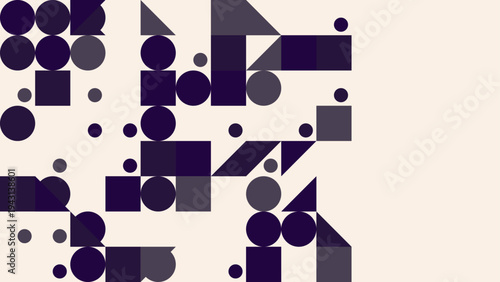 Modern abstract geometric pattern with circles and squares in shades of purple and cream