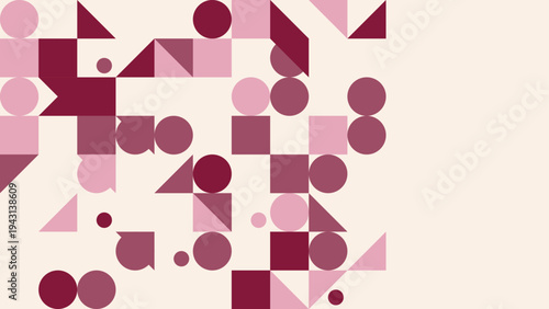 Abstract geometric pattern with circles and squares in warm pink and burgundy tones