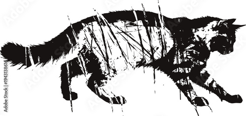 Silhouette of a cat walking through tall grass with natural wild plants pattern