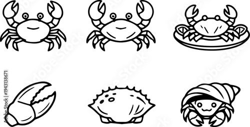 Crab seafood marine animal line icons
