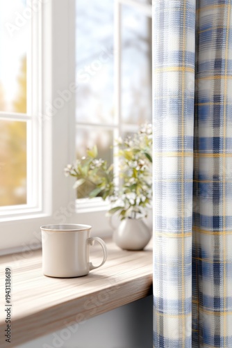 Cozy sunlit window scene coffee mug and plaid curtain on wooden sill for home decor background and lifestyle design