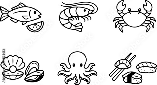 Seafood marine animals ocean line icons. Vector
