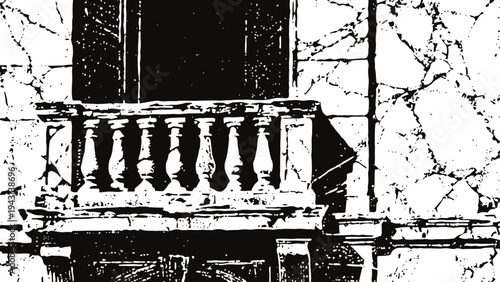 Old stone balcony with balustrade on a cracked wall, vintage architectural detail