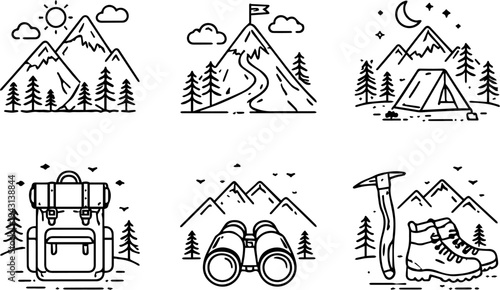 Mountain hiking camping adventure line icons. Vector