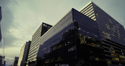 Schilderij op canvas Reflective glass tower capturing mirrored skyline, corporate headquarters facade