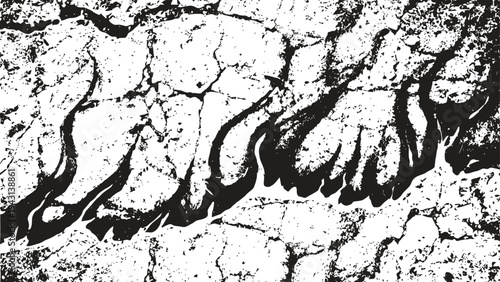 Abstract cracked earth background with black footprints impression texture