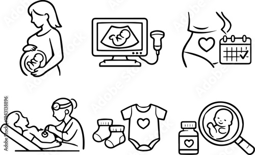 Pregnancy care maternity medical line icons