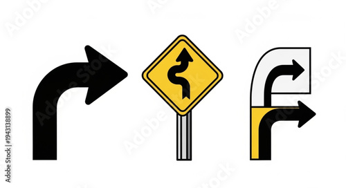Road signs indicating turns and curves ahead for drivers.