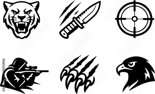 Wild animal predator hunting line icons