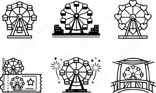Ferris wheel amusement park line icons