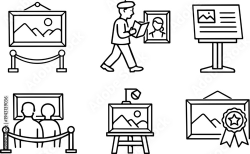 Art gallery exhibition museum line icons
