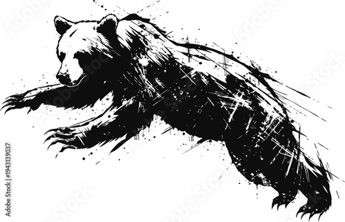 Dynamic black and white illustration of a leaping bear with grunge splatter and ink splash effects