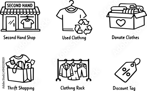 Second hand clothing thrift store icons. Vector