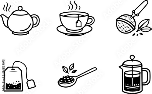 Tea brewing beverage drink line icons