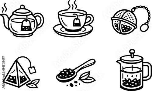 Tea brewing beverage drink line icons. Vector
