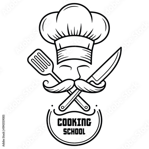 Chefs hat with crossed utensils and mustache logo