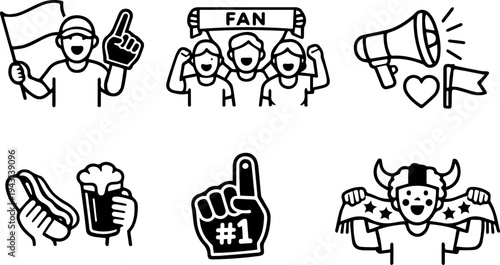 Sports fans cheering supporter line icons