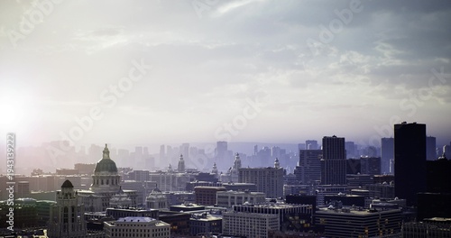 Photography golden sunlight bathing urban skyline, warm flare across glass towers and office