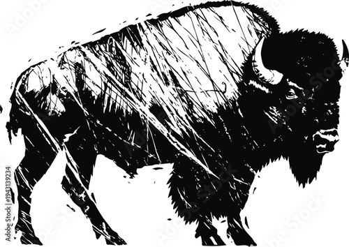 Grunge bison silhouette with rough textured scratches and distressed rugged
