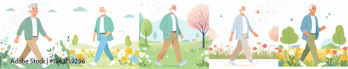 vector of a grandfather walking happily in the park during spring