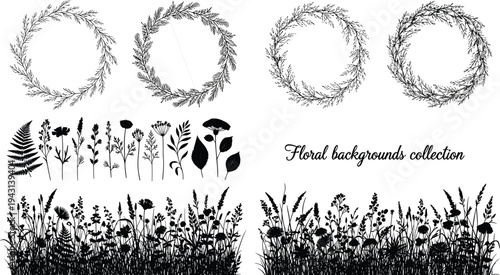 Black botanical silhouettes set, floral leaf branch icons collection, monochrome garden plant elements, minimalist nature symbols, vector floral graphics, decorative icons,