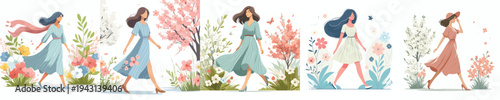 vector of a woman walking happily in the park during spring