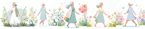 vector of a grandmother walking happily in the park during spring