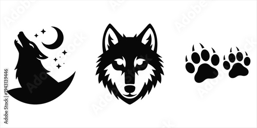 Black Silhouette Graphics of a Howling Wolf, Wolf Head, and Paw Prints Keywords: wolf, howling, moon, stars, night, animal