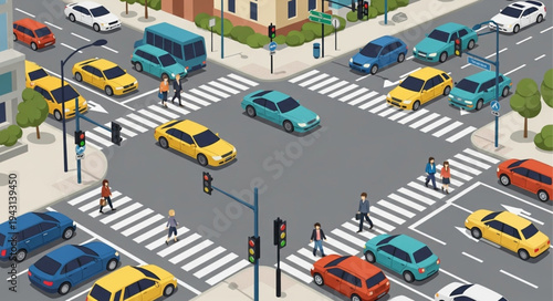 Isometric City Intersection Scene with Cars and Pedestrians.