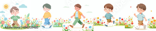 vector of a little boy walking happily in the park during spring