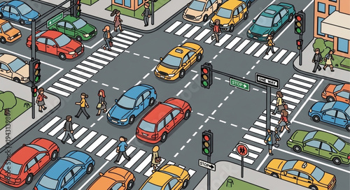 Busy City Intersection with Cars and Pedestrians Illustration.
