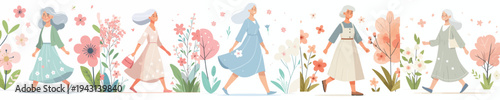 vector of a grandmother walking happily in the park during spring