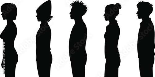 Black Silhouettes of Five People in Profile Facing Right on White Background Keywords: silhouette, people, profile, facing right