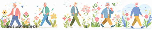 vector of a grandfather walking happily in the park during spring