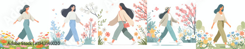 vector of a woman walking happily in the park during spring