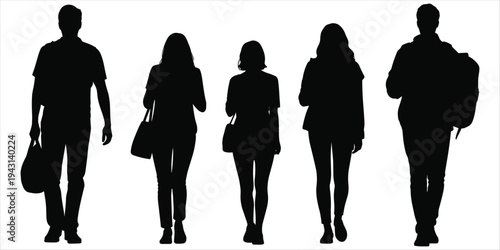 Black Silhouettes of Five People Walking with Bags on White Background Keywords: silhouette, people, walking, group, men, women