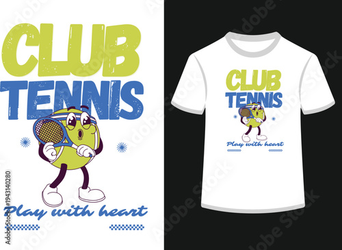 Vintage tennis mascot character illustration with ball and racket for sports apparel and athletic association