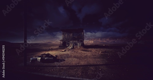 Bild auf Leinwand night ruin beside empty road with leaning pole and scattered wreck, distant thun