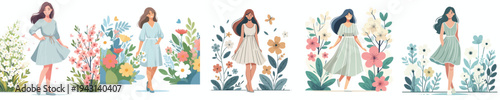 vector of a woman standing happily in the park during spring