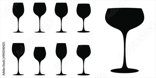 Black Silhouettes Of Various Wine Glasses And Champagne Flutes On White vector illustration