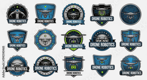 Collection of drone robotics emblems and badges featuring drone designs.