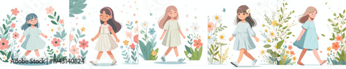 vector of a little girl walking happily in the park during spring
